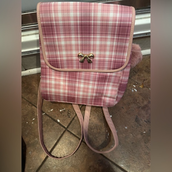 Pink white gold check plaid gingham Lolita backpack cottage bag - Picture 4 of 9
